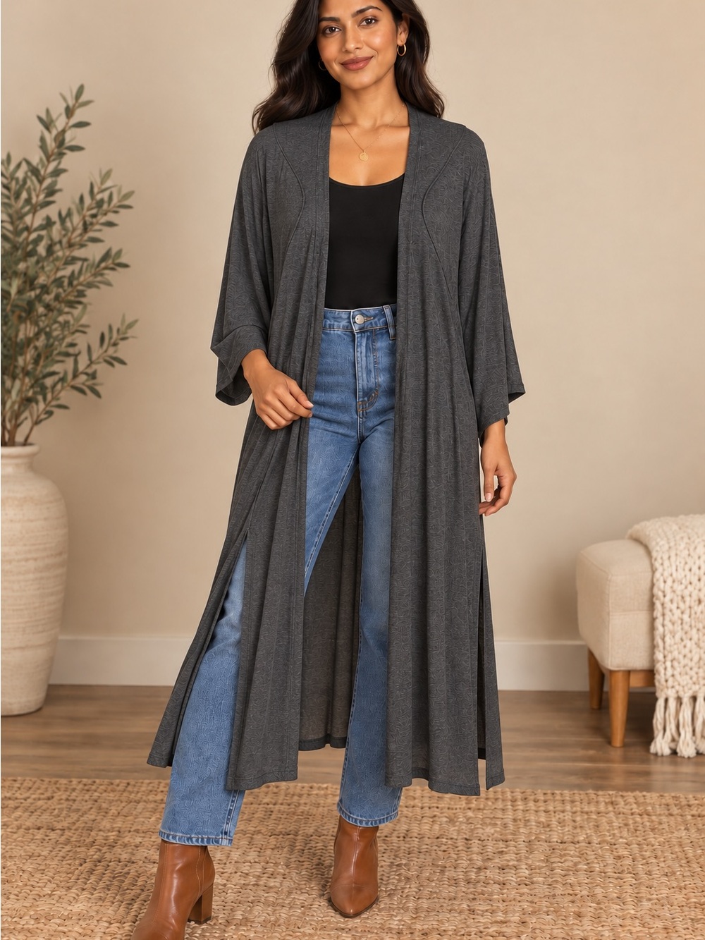 Tresics Women's Dark Gray Long Open Cardigan Duster
